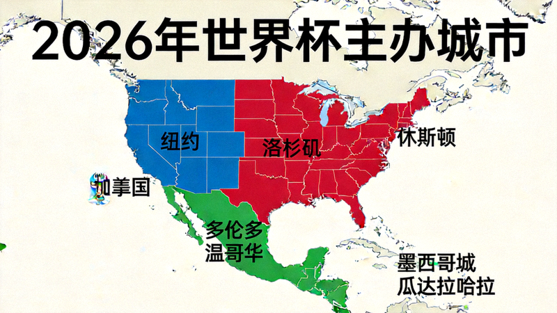 2026年世界杯主办城市地图 - 美国、加拿大、墨西哥联合承办示意图